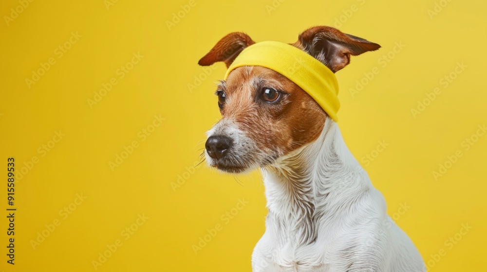 Serious jack russell terrier dog wearing a yellow sweatband in studio portrait on yellow background