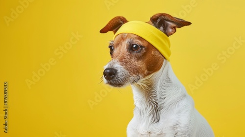 Obraz na płótnie Serious jack russell terrier dog wearing a yellow sweatband in studio portrait on yellow background w salonie