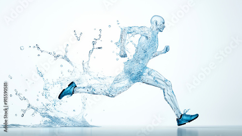 A conceptual image of a runner made of water splashes, symbolizing hydration and the importance of staying hydrated during exercise.