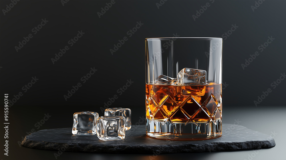 A glass of whiskey with ice cubes on a dark background A glass of whiskey with ice cubes on a dark background