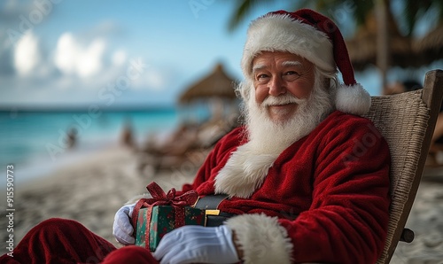 Smiling Santa Claus in traditional red clothing sit in deck chair on the beach holding red gift box in hands. Christmas, New Year celebration post card, template.