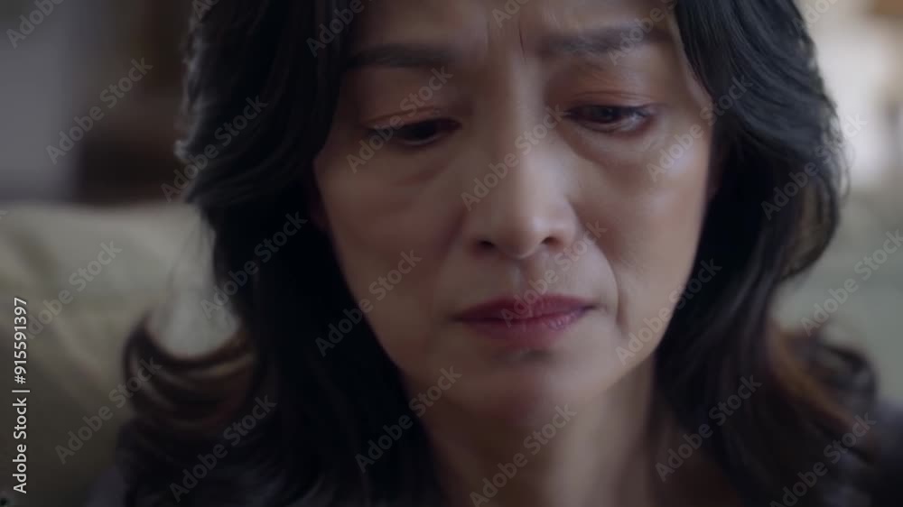 Melancholic Woman Close-Up, Portrait of Gloomy Female in Living Room, Feeling Sadness and Reflection, Downcast Mood Melancholic Woman Close-Up, Portrait of Gloomy Female in Living Room, Feeling Sadness and Reflection, Downcast Mood