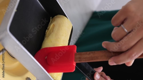 Roll Tamagoyaki in Square Pan, Japanese Rolled Egg photo