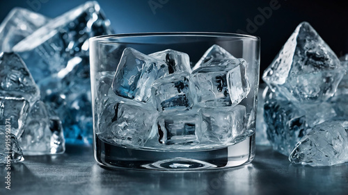 3d rendered a glass of blue liquid drink with ice cubes ai photo