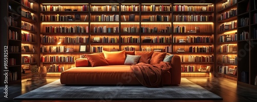 Reading nook in the living room, integrated into modern decor with comfortable seating and a well-organized bookshelf photo