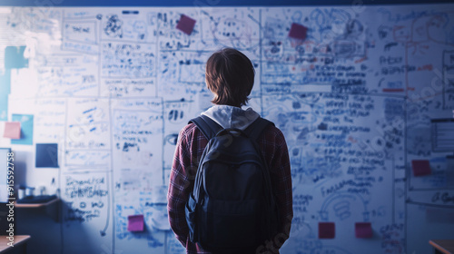 Student Analyzing Complex Notes on a Detailed Whiteboard in Classroom photo