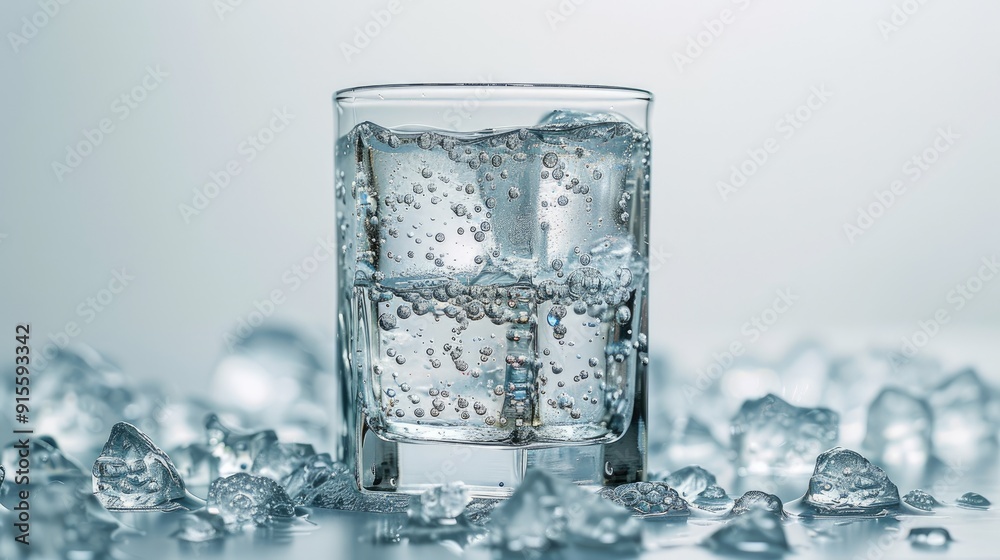 A refreshing glass of water filled with ice cubes, surrounded by scattered ice, perfect for cooling drinks on a hot day. A refreshing glass of water filled with ice cubes, surrounded by scattered ice, perfect for cooling drinks on a hot day.