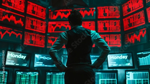 Worried man looking at his screen in his stock exchange office. black monday concept, fall in values photo