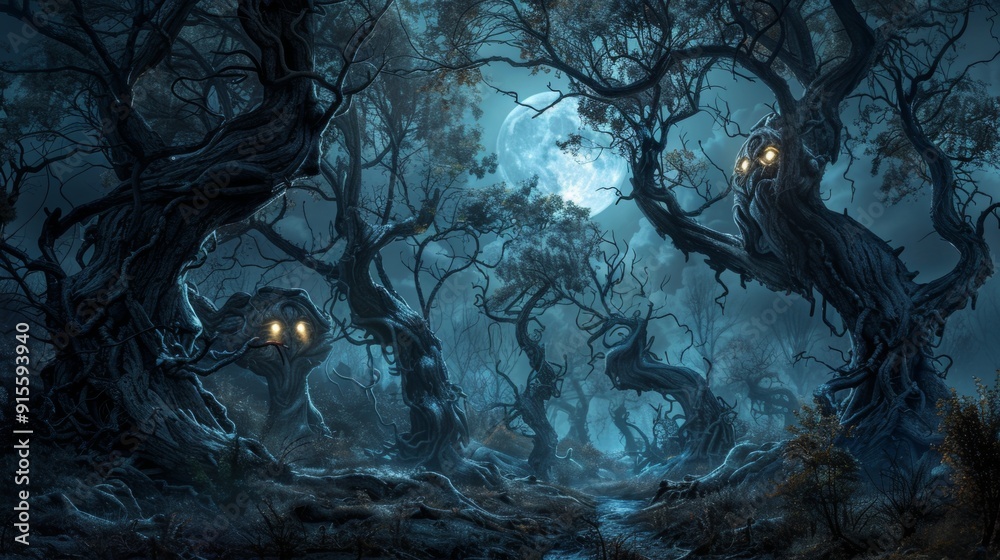 night forest with large trees with glowing eyes. halloween concept