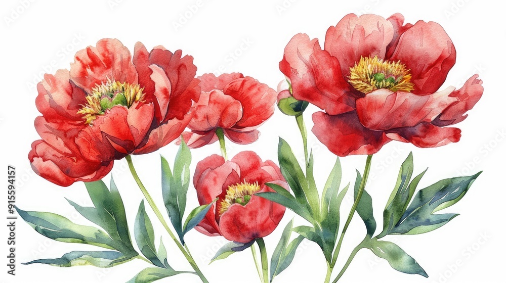 Fototapeta premium Beautiful watercolor illustration of red peony flowers with lush green leaves, perfect for floral decor and artistic projects.