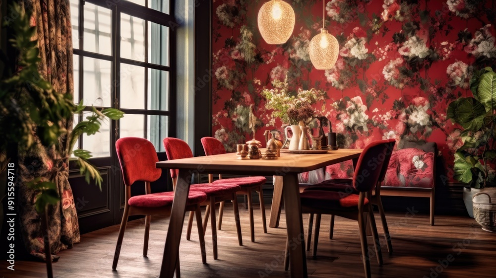 Dining Room with Red Floral Wallpaper Dining Room with Red Floral Wallpaper