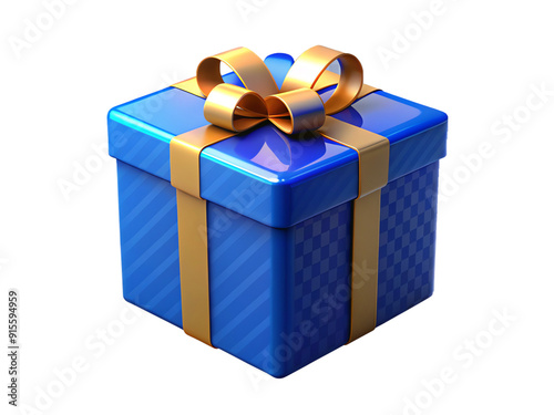 blue gift box with gold ribbon and bow on transparent background, png photo
