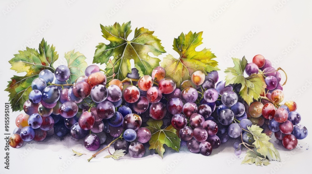 Fototapeta premium Vibrant watercolor illustration of lush grape clusters, showcasing rich colors and detailed leaves, perfect for food and beverage themes.