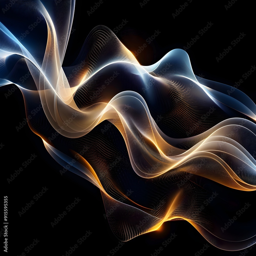 Fototapeta premium A soft, glowing light in the shape of an abstract wave on a black background, with a color palette of gold and blue. The glow should be subtle yet striking against the darkness, creating a sense of de