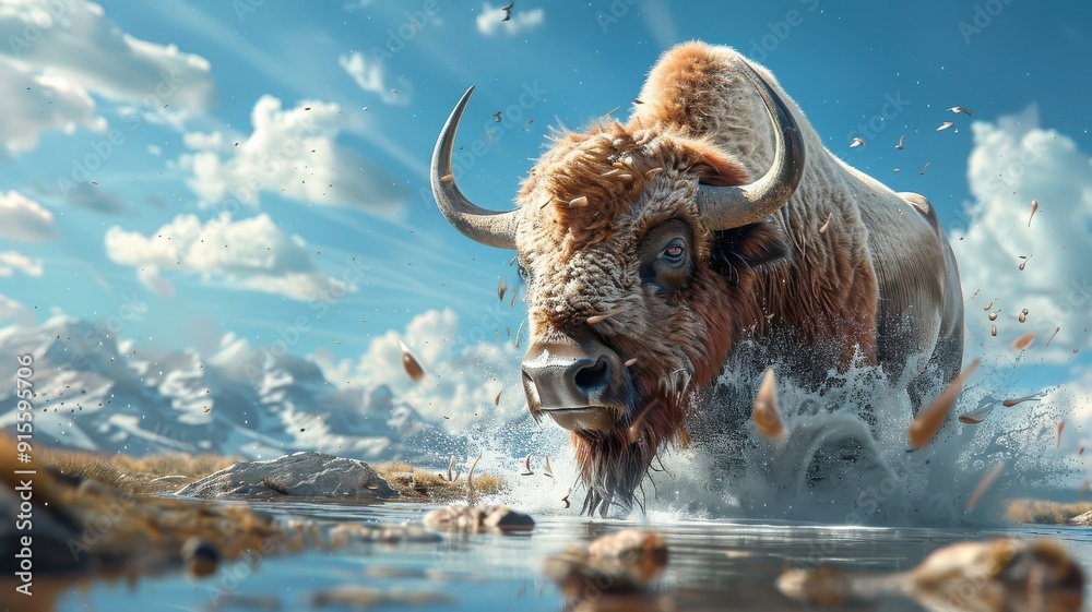 Photorealistic bison in mismatched outfits enjoying a mud bath. Photorealistic bison in mismatched outfits enjoying a mud bath.