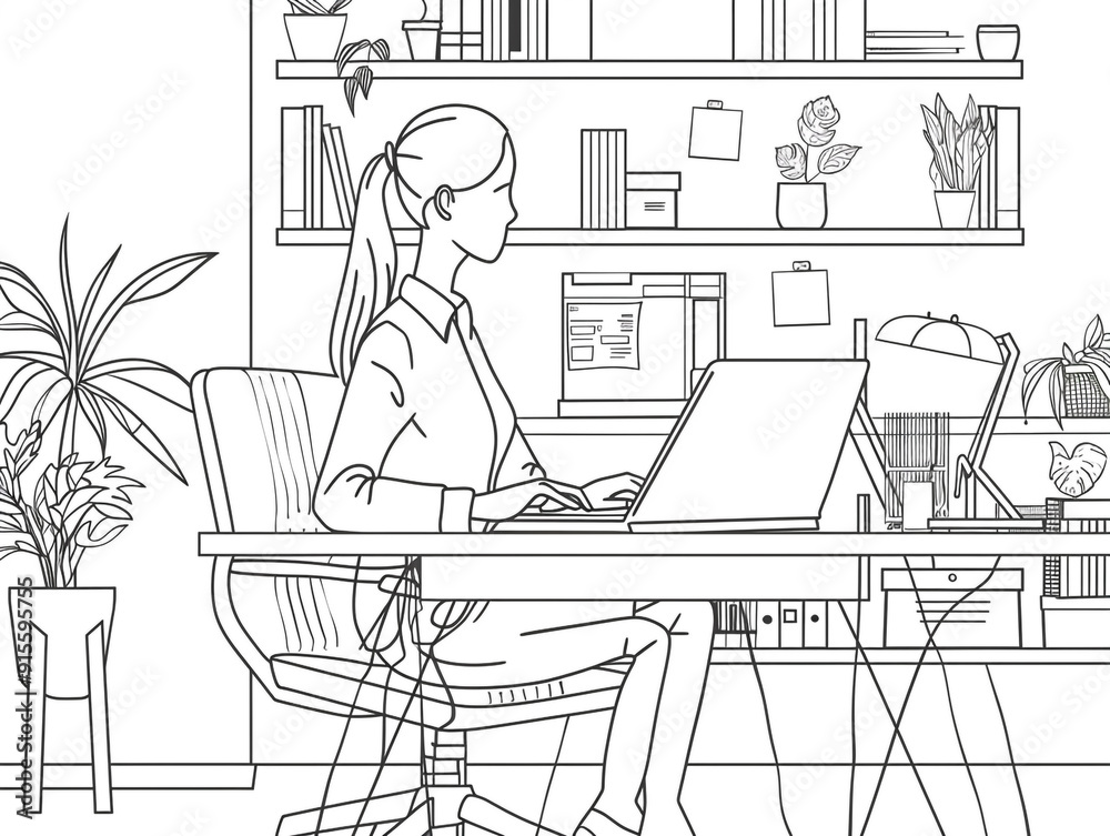 Fototapeta premium Single line drawing of young company manager do quality control to sketch draft blueprint design. Building and architecture business concept. One line draw design illustration.