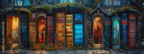 A whimsical and vibrant bookshop with various colored doors, each uniquely illuminated, set against a cobblestone path.