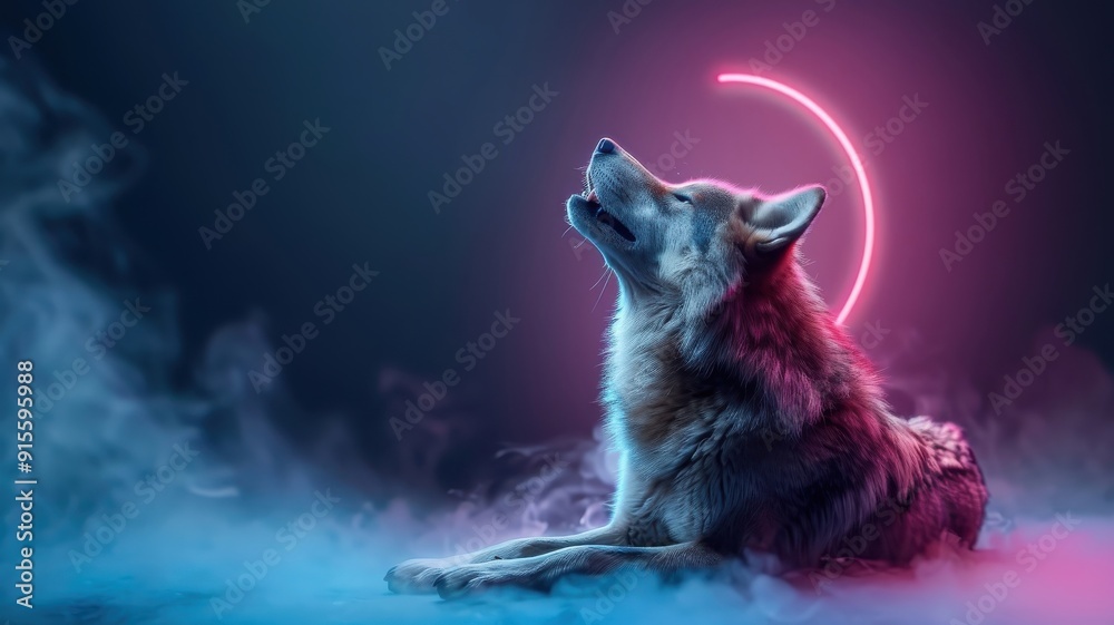 Majestic wolf howling at a neon crescent moon in an abstract landscape. Majestic wolf howling at a neon crescent moon in an abstract landscape.