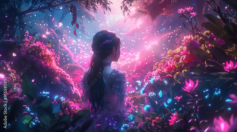 Anime girl in a neon garden, glowing plants and flowers illuminating the scene Anime girl in a neon garden, glowing plants and flowers illuminating the scene