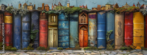 Books form a colorful town scene with intricate details including doors and windows, seamlessly blending literature with imaginative architecture.