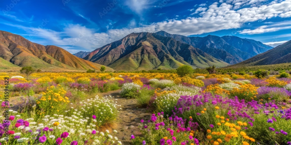 Fototapeta premium Vibrant spring wildflowers bloom in a lush grassy field surrounded by arid mountains, set amidst the vast desert landscape of Anza Borrego State Park in California.