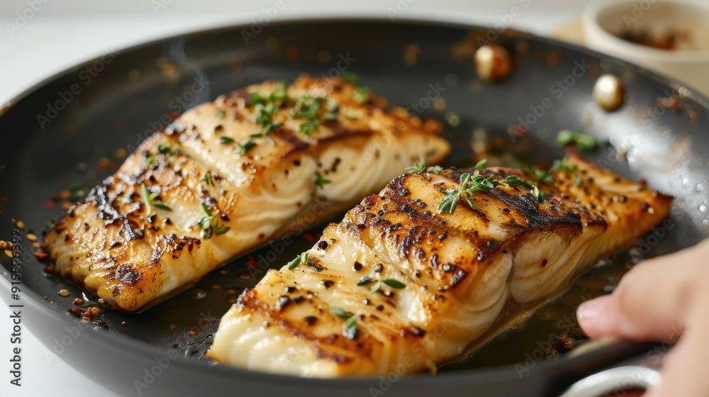 Freshly Grilled Fish Fillet in Handled Frying Pan on White Background