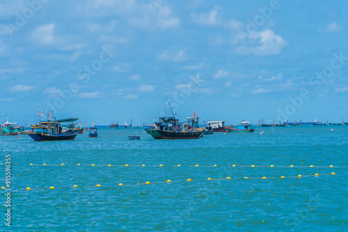 Panoramic coastal Vung Tau view, with waves, coastline, streets, coconut trees and Tao Phung mountain in Vietnam. Travel concept photo