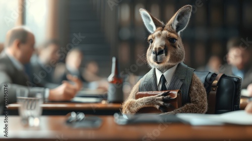 Photorealistic kangaroo in pinstripe suit striding through boardroom.