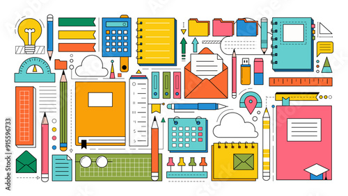 Back to school background with study supplies and office stationery. Geometric poster of education and work concept with icons of pen, pencil, book, notebook, calendar and folders, vector illustration