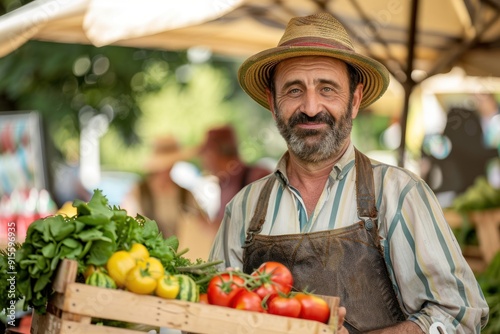 Bearded farmer with tomatoes and peppers at outdoor market