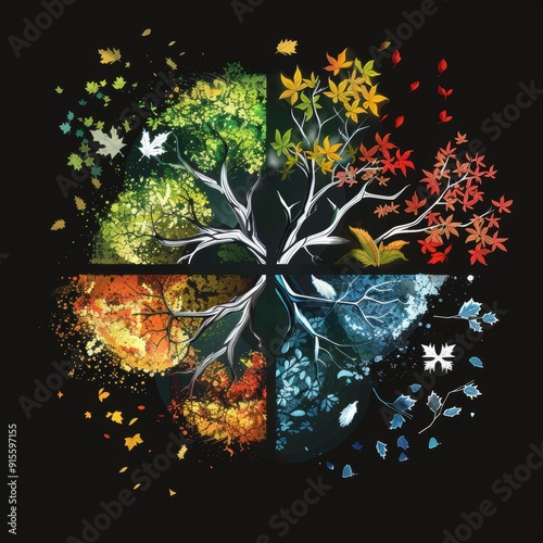 Harmonious Seasons: Logo Design showcasing Spring, Summer, Autumn, and Winter Elements in Unity