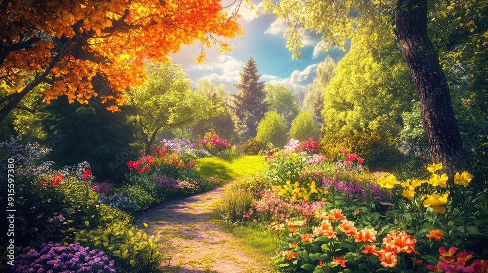 Fantasy garden scene with colorful flowers, vibrant trees, and greenery beneath a bright sunny sky Fantasy garden scene with colorful flowers, vibrant trees, and greenery beneath a bright sunny sky