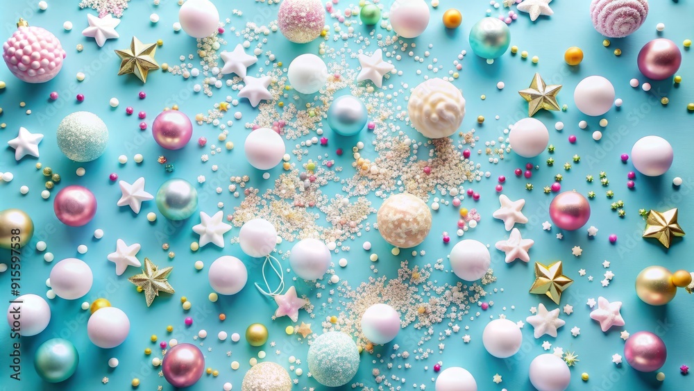 Vibrant white candy dots and shiny confetti scattered on a pastel blue background, surrounded by festive decorations, create a playful and celebratory 2024 New Year's atmosphere. Vibrant white candy dots and shiny confetti scattered on a pastel blue background, surrounded by festive decorations, create a playful and celebratory 2024 New Year's atmosphere.
