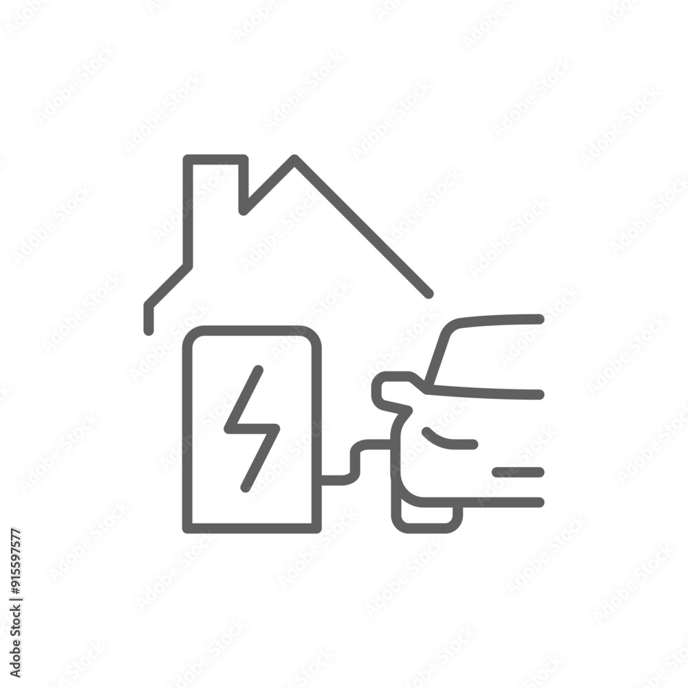 Obraz premium Home charging station icon. Simple outline style. Charging electric vehicle at home, building, house, green energy, technology concept. Thin line symbol. Vector illustration isolated. Editable stroke.