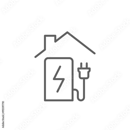 Home charging station icon. Simple outline style. Charging electric vehicle at home, building, house, green energy, technology concept. Thin line symbol. Vector illustration isolated. Editable stroke.