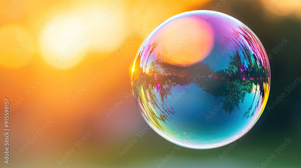 A colorful soap bubble floating against a dreamy sunset background, capturing vibrant reflections and soft light. A colorful soap bubble floating against a dreamy sunset background, capturing vibrant reflections and soft light.
