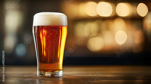 A refreshing glass of amber beer with a frothy head, set against a softly blurred background for a warm atmosphere.