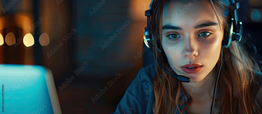 Attractive woman with a headset using a laptop and communicating with clients Female call center operator with a wireless headset speaking with a customer and addressing concerns Copy space Attractive woman with a headset using a laptop and communicating with clients Female call center operator with a wireless headset speaking with a customer and addressing concerns Copy space