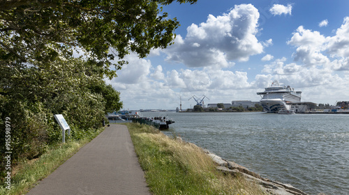 Harbour with cruiseship. Hohe dune near warnemunde. Coast Balitic Sea. Mecklenburg Vorpommern. East Germany. photo