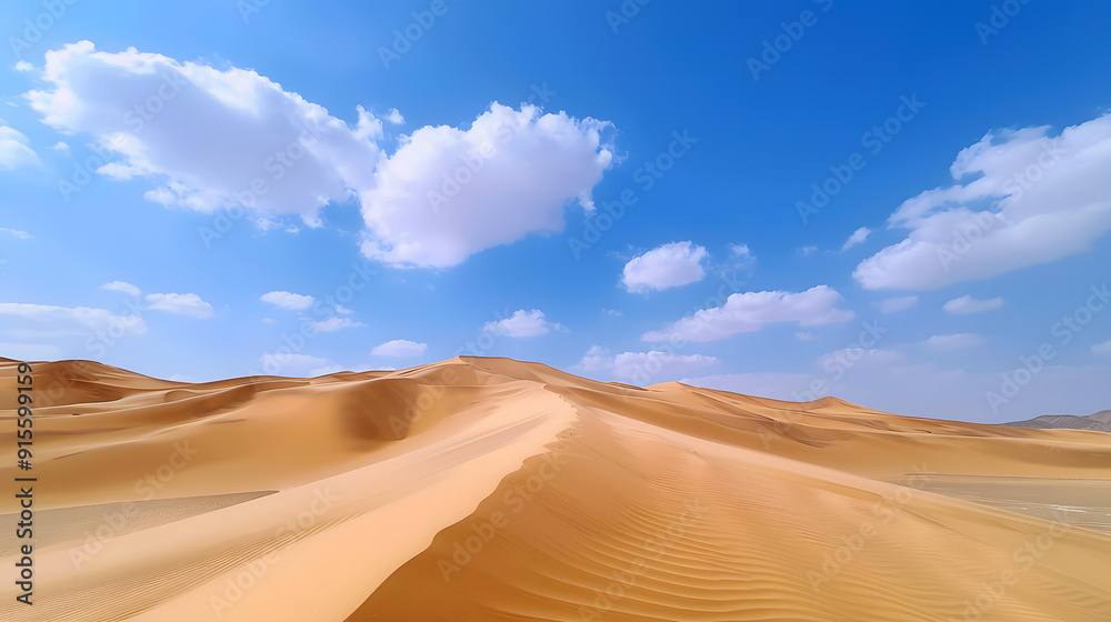 Fototapeta premium Expansive Desert Landscape with Undulating Sand Dunes Under Clear Blue Skies, Captured in Ultra-Wide-Angle for High Definition Detail. Cinematic Texture Showcasing Stunning Natural Scenery with High C
