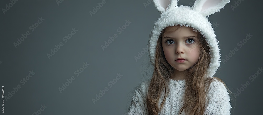 Young girl dressed in a white rabbit costume against a gray background Copy space available Image with room for text Young girl dressed in a white rabbit costume against a gray background Copy space available Image with room for text