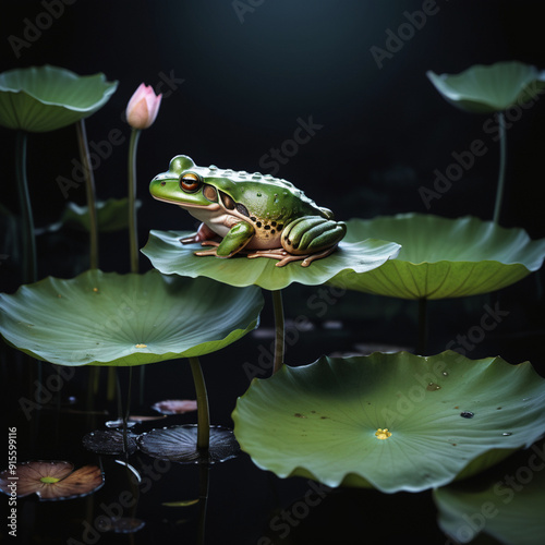 An enchanting frog glows softly while perched on a lotus leaf, casting light on the still water beneath. This image captures the serene beauty of nature at night. photo