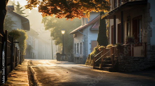 Early morning on the street of a small European town