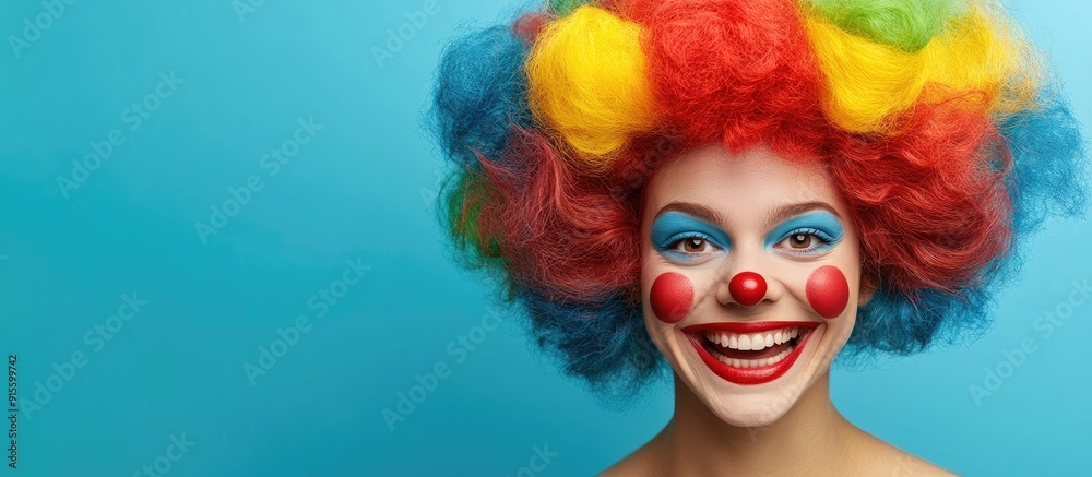 Naklejka premium Businesswoman sporting a clown wig. with copy space image. Place for adding text or design