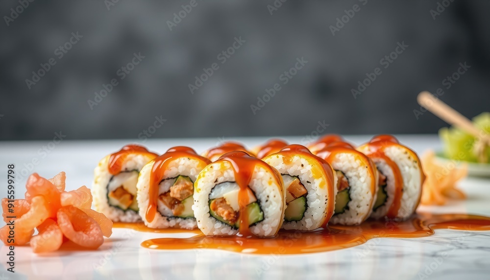 an elegant dish of gourmet sushi displaying eight intricate rolls drizzled with glossy eel sauce surrounded by pickled ginger with a soft-focus background highlighting a mini an elegant dish of gourmet sushi displaying eight intricate rolls drizzled with glossy eel sauce surrounded by pickled ginger with a soft-focus background highlighting a mini