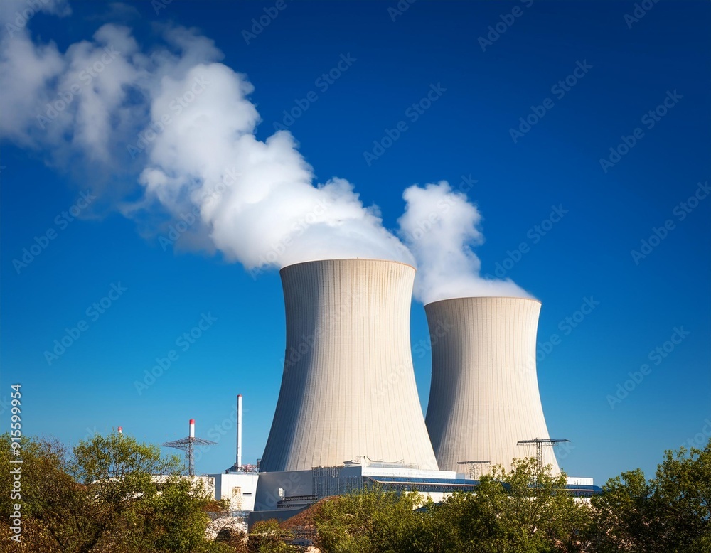 Sunny day landscape showing a Nuclear power Plant with smoke against a blue sky Sunny day landscape showing a Nuclear power Plant with smoke against a blue sky