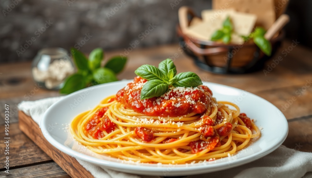 a steaming plate of spaghetti topped with rich marinara sauce garnished with fresh basil leaves a sprinkle of grated parmesan cheese served on a rustic wooden table adjacent