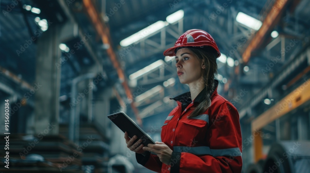 Woman with tablet in red uniform at an industrial plant Woman with tablet in red uniform at an industrial plant