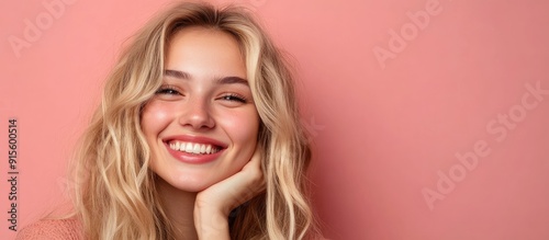 young attractive blonde woman smiling embracing life feeling joyful amicable content and relaxed with her hand on her chin against a solid color wall. with copy space image