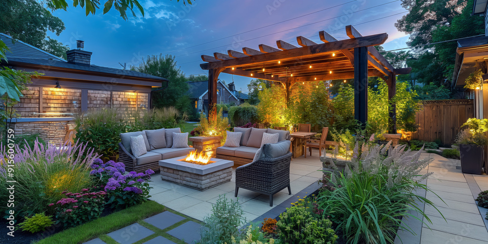 Cozy outdoor living space with a pergola, comfortable seating, a fire pit, and ambient lighting, surrounded by well-maintained plants and flowers. Cozy outdoor living space with a pergola, comfortable seating, a fire pit, and ambient lighting, surrounded by well-maintained plants and flowers.